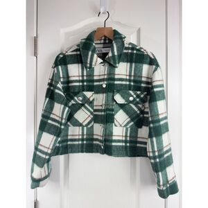 ZARA Women's Cropped Plaid Shacket Shirt Jacket Green White Brown Size XS